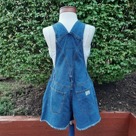Route 66 Vintage 90's Denim Shortalls Bib Overalls Frayed Shorts Jeans Jorts - Picture 11 of 15